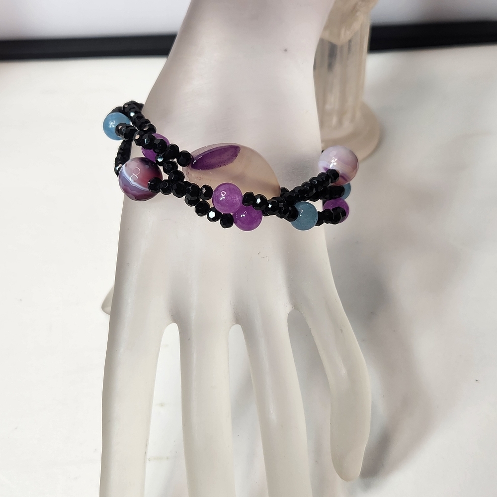 Lavender Jade Aqua Marine Rondell Faceted Stone Bead 3 Strand Bracelet Amethyst